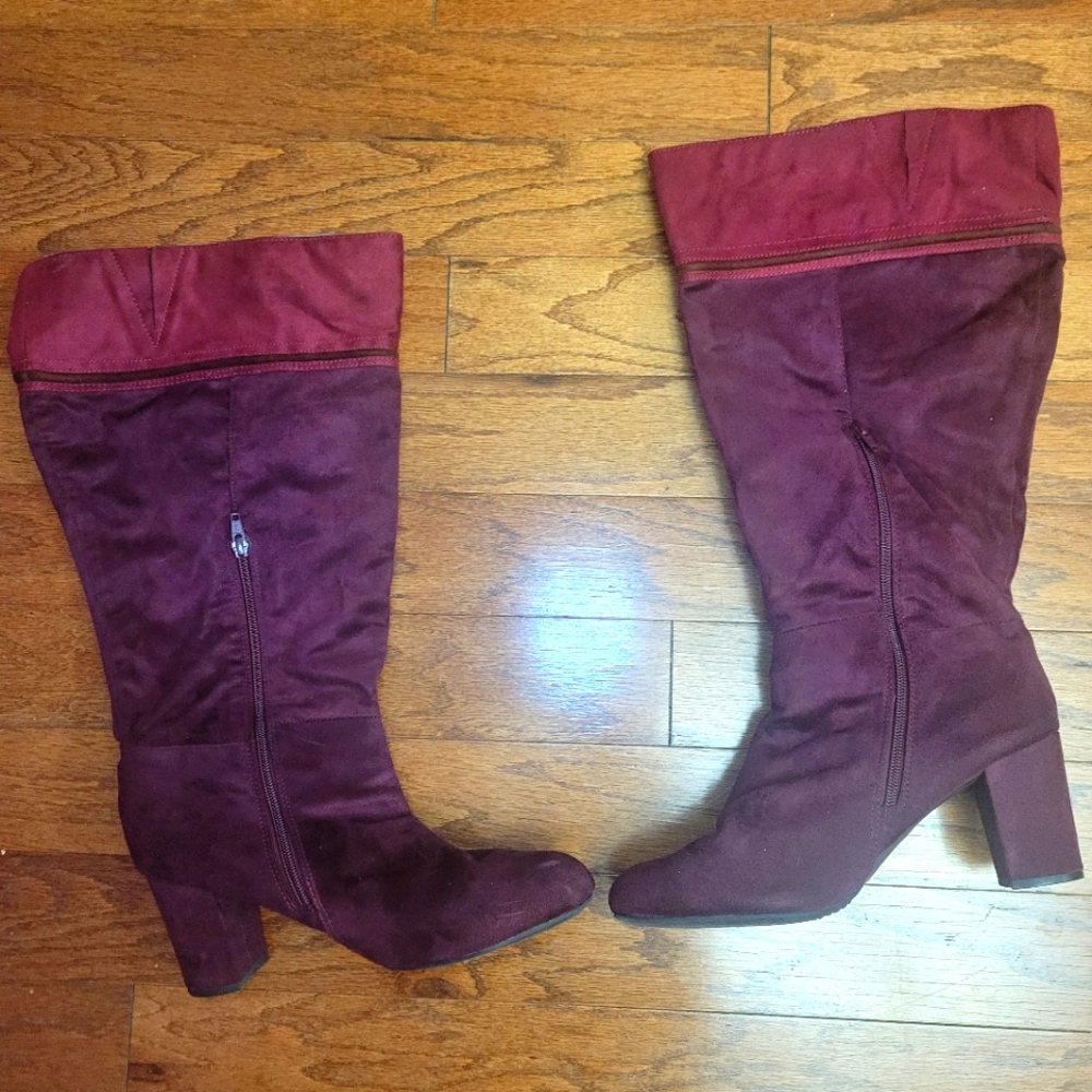 ❤️ Avenue Cloudwalkers | Wide Calf Burgundy and Pink Knee-High Boots, Sz. 10W